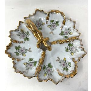 Divided Candy Nut Dish Vintage Marco Porcelain Bone China Gold Gild Rose Floral